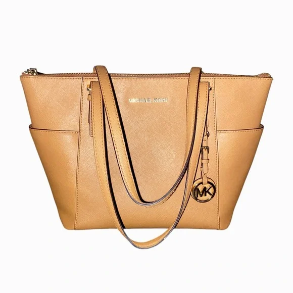 Michael Kors Charlotte Tan/Brown Jet Set Saffiano Leather Top Zip Tote Handbag - Picture 1 of 10